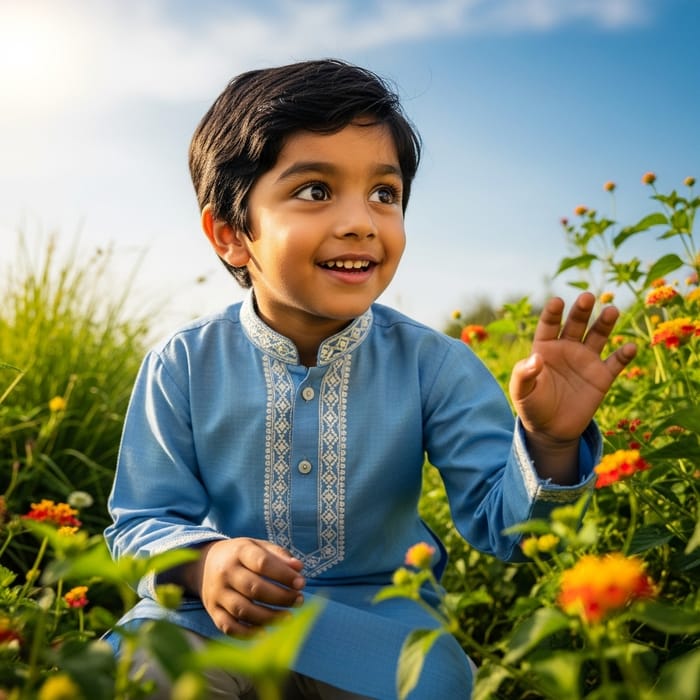 Indian Boy Enjoying Outdoors | Sunny Sky & Green Scenery