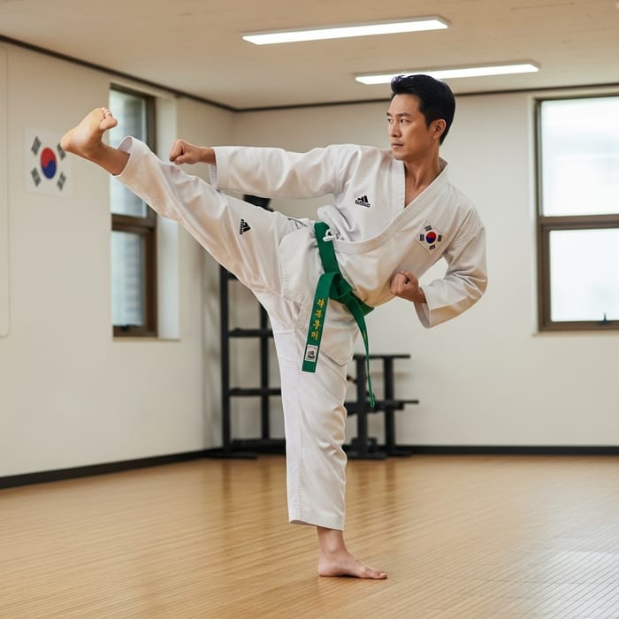 Korean Taekwondo Demonstrating High Kick with Green Belt