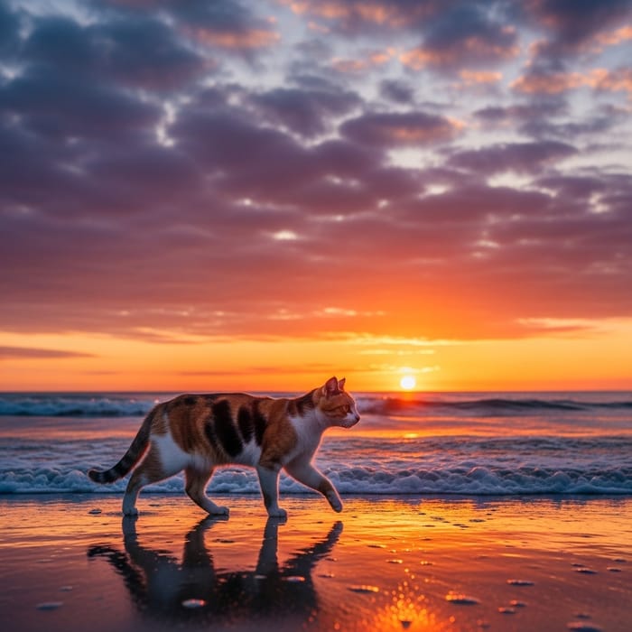 Captivating Sunset: Multi-Colored Cat by the Seaside