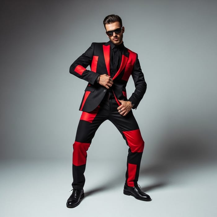 Avant-Garde Recycled Materials Suit | Bold Black & Red Palette
