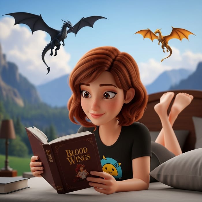 Enchanting 3D Woman Reading 'Blood Wings' Book on Bed in Vibrant Disney Style Enchanting 3D Woman Reading 'Blood Wings' Book on Bed in Vibrant Disney Style