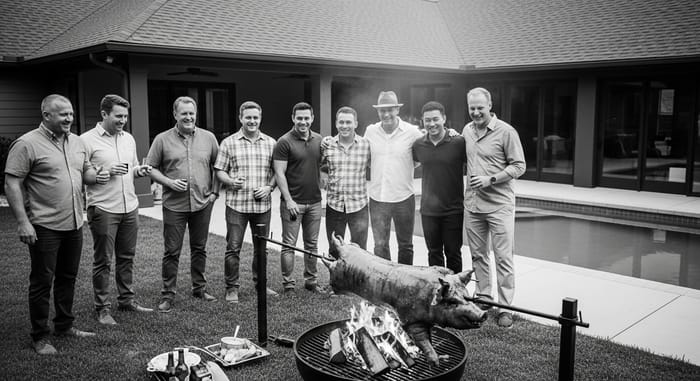 Camaraderie Celebration: Rotisserie Pig in Festive Backyard BBQ