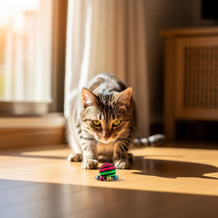 Playful Cat Playing with a Bouncing Ball