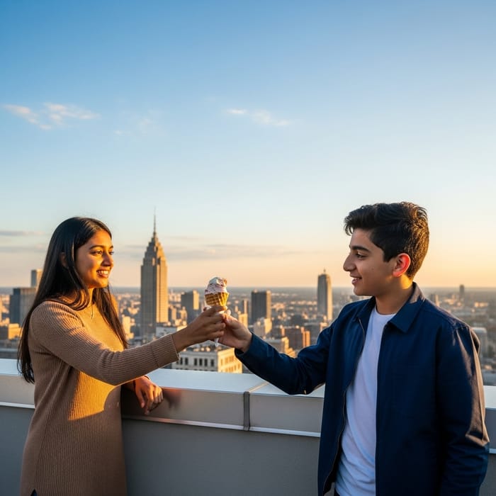 Rooftop Ice Cream Exchange: Heartwarming Scene Rooftop Ice Cream Exchange: Heartwarming Scene