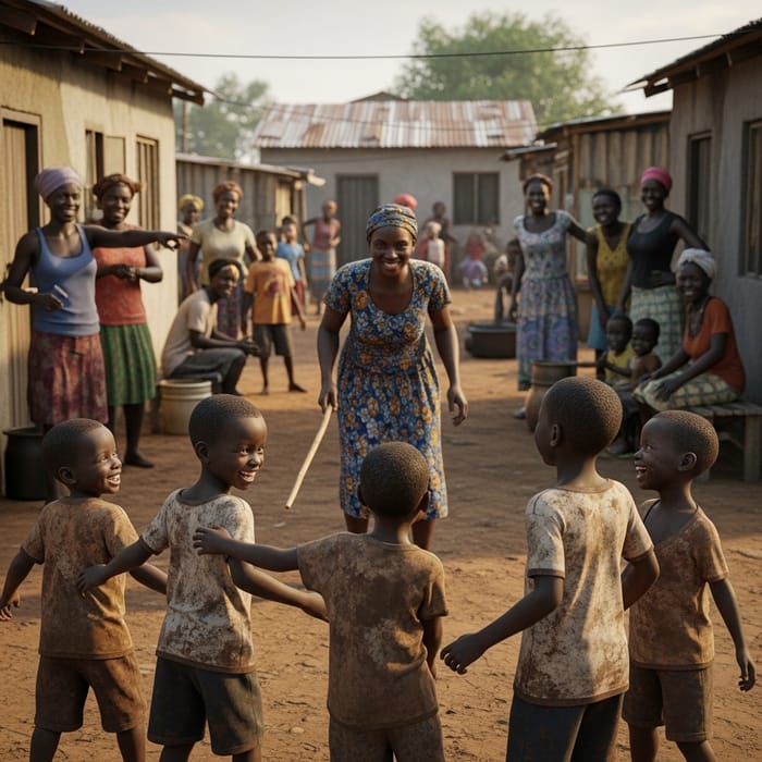 3D Realistic Image of African Boys Playing in Mud with Mother Approaching
