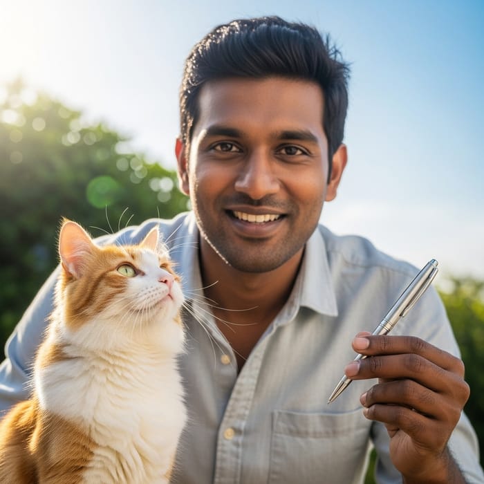 Tall Man with Friendly Cat and Pen Outdoors