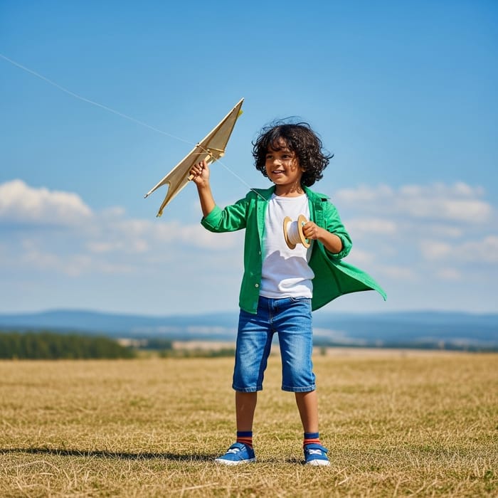 Joyful South Asian Boy Flying Kite in Open Field Joyful South Asian Boy Flying Kite in Open Field