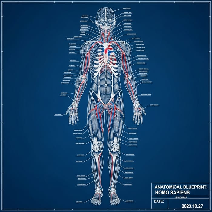Detailed Human Anatomy Blueprint in Blue Color Scheme Detailed Human Anatomy Blueprint in Blue Color Scheme