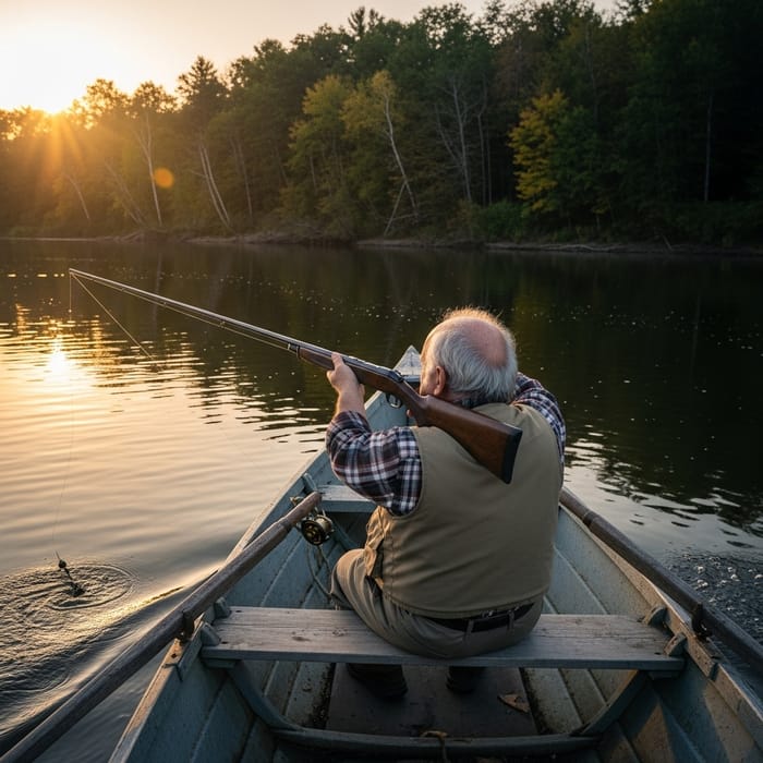 Elderly Fisherman with Rifle on a River Boat Elderly Fisherman with Rifle on a River Boat