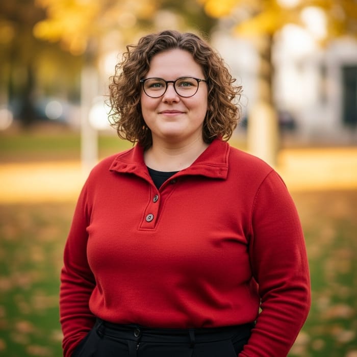 Robust Woman with Curly Light Brown Hair and Green-Brown Eyes