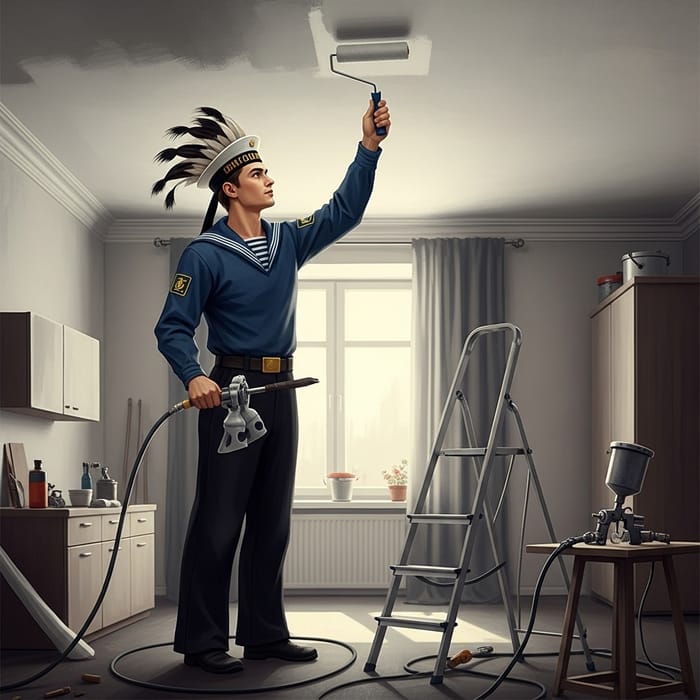 Russian Sailor Painting Ceiling in Modern Apartment - Vintage Poster Russian Sailor Painting Ceiling in Modern Apartment - Vintage Poster