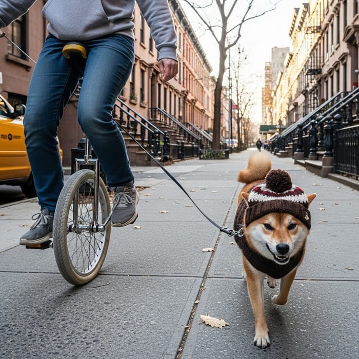 Yikes Man Riding Unicycle in Brooklyn with Discontent Shiba Inu Yikes Man Riding Unicycle in Brooklyn with Discontent Shiba Inu