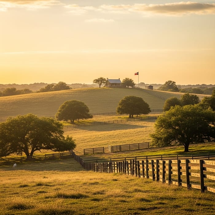 Golden Sun Over Rolling Hills Farm with Texas Flag and Grazing Goat | Countryside View