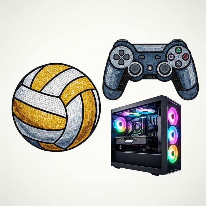 Skillfully Crafted Volleyball, PlayStation Controller, and Gaming PC Mosaic Skillfully Crafted Volleyball, PlayStation Controller, and Gaming PC Mosaic