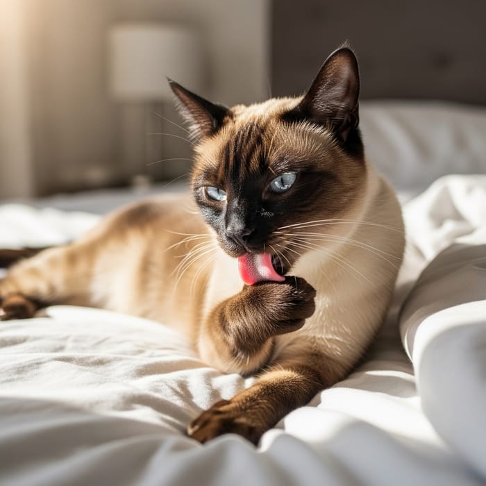 Siamese Cat Lying on Bed Grooming Arm Siamese Cat Lying on Bed Grooming Arm