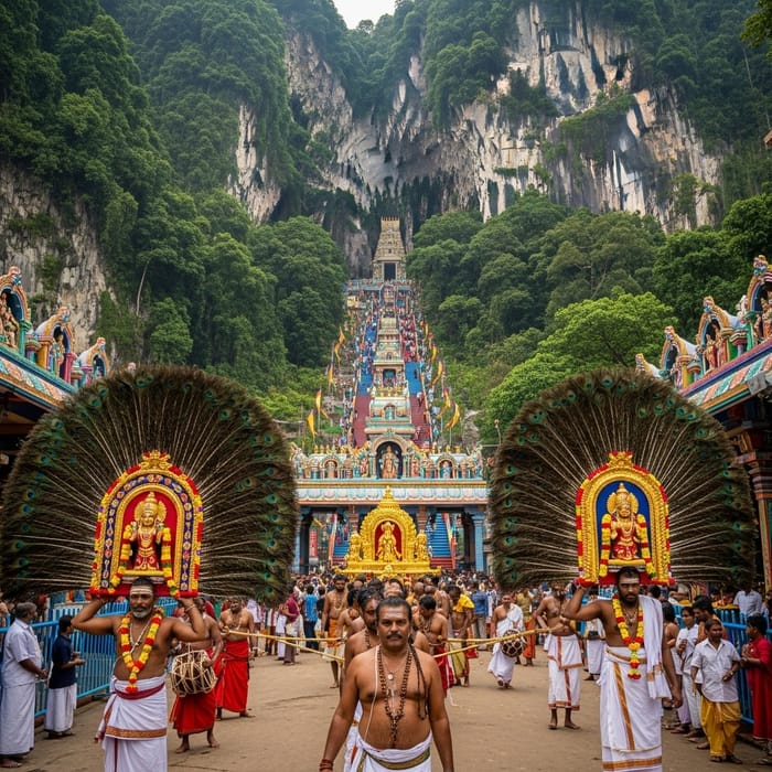 Batu Caves Thaipusam Celebration with Hindu Kavadis & Gold Chariots