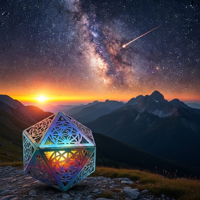 Vibrant Mountain Landscape with Sacred Geometry Infusion at Sunset