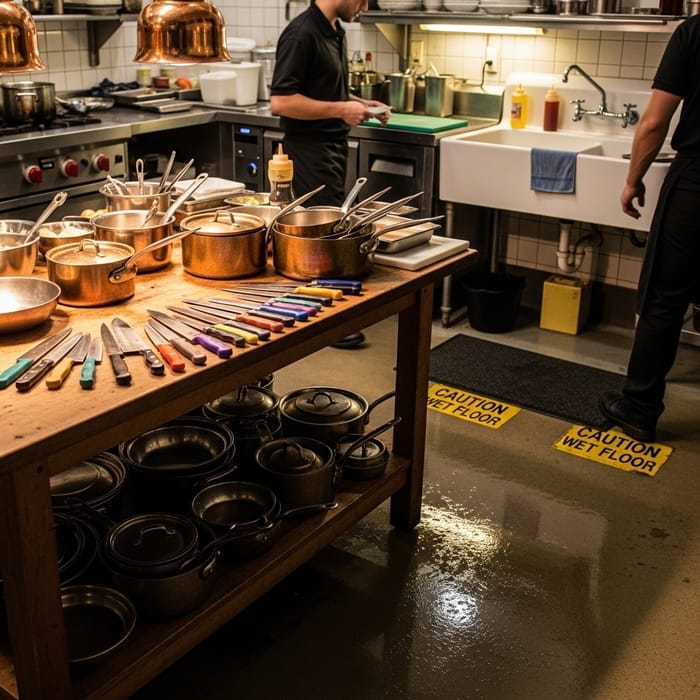 Bustling Restaurant Kitchen | Culinary Scene with Wet Floor Bustling Restaurant Kitchen | Culinary Scene with Wet Floor