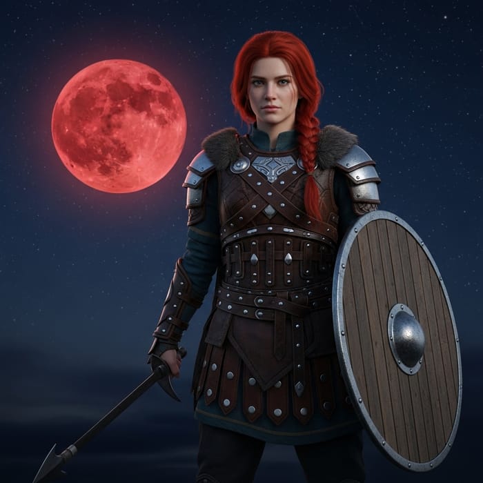 Red-Haired Viking Warrior Girl in Moonlit Night