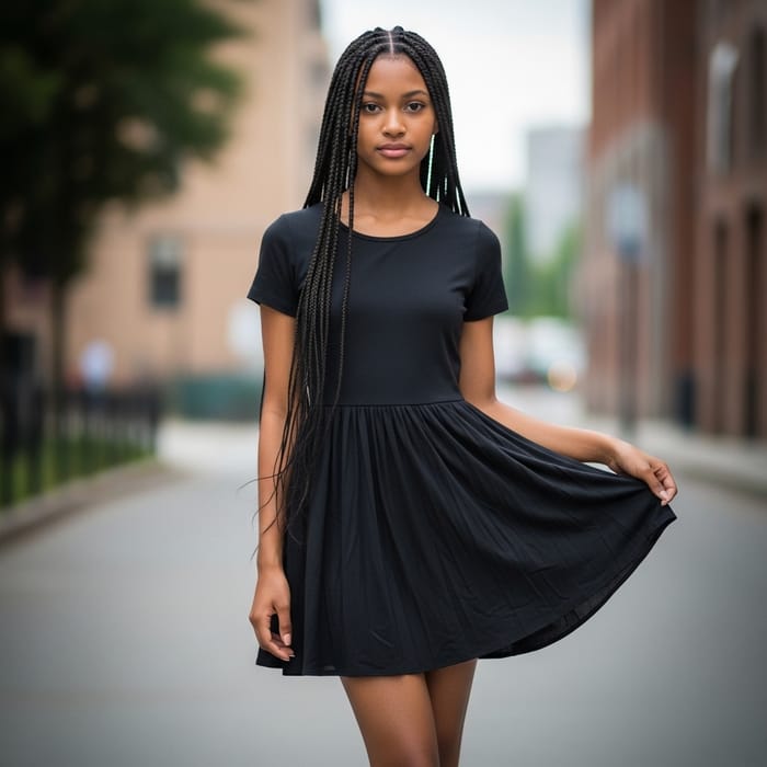 Elegant South Asian Girl in Black Dress with Braids Standing Gracefully