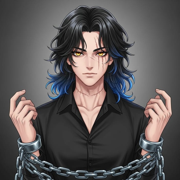 Captivating Young Male Anime Character with Black and Blue Hair