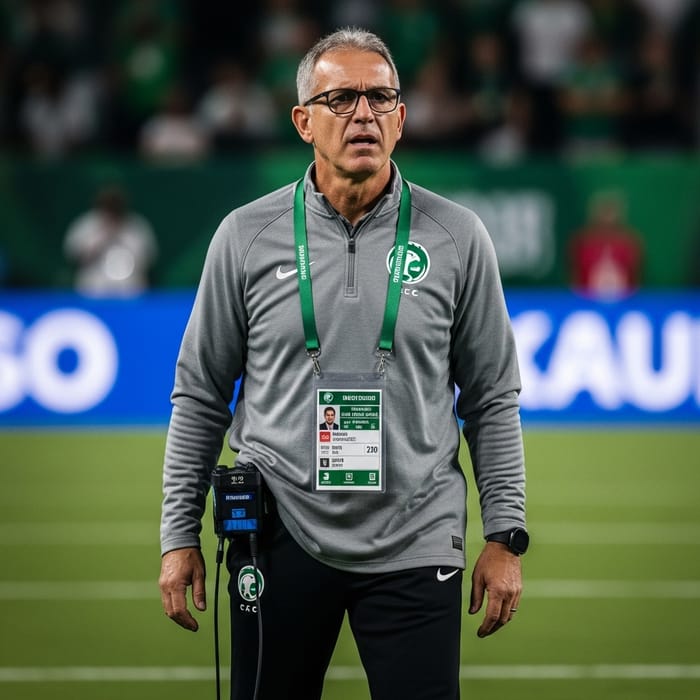 Saudi Football Coach on Field in Modern Photographic Style | Unique Sporting Vibe Saudi Football Coach on Field in Modern Photographic Style | Unique Sporting Vibe