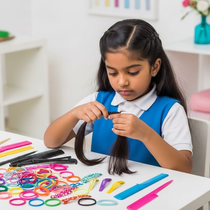 Diligent Young South Asian Girl Creating Intricate Hairstyles Diligent Young South Asian Girl Creating Intricate Hairstyles