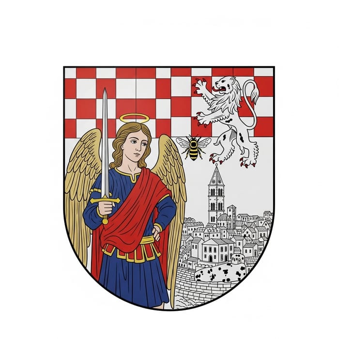 Medieval Family Coat of Arms: Angel Saint Michael, Croatian Symbols, Bee, Dalmatian Lion, Sibenik Wickerwork