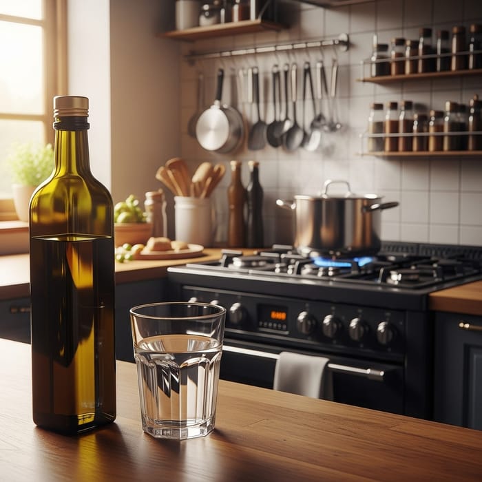 Rustic Kitchen Scene: Olive Oil & Water Ambiance Rustic Kitchen Scene: Olive Oil & Water Ambiance