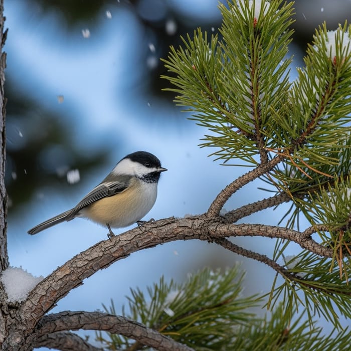 Chickadee on Pine Branch - Serene Winter Nature Scene Chickadee on Pine Branch - Serene Winter Nature Scene