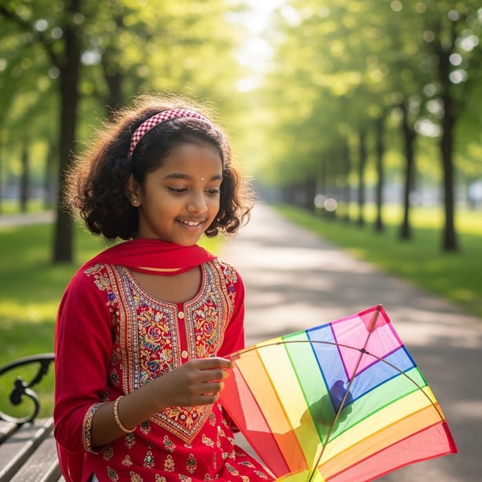 Dark Skin Indian Girl with Curly Hair in Beautiful Park Setting