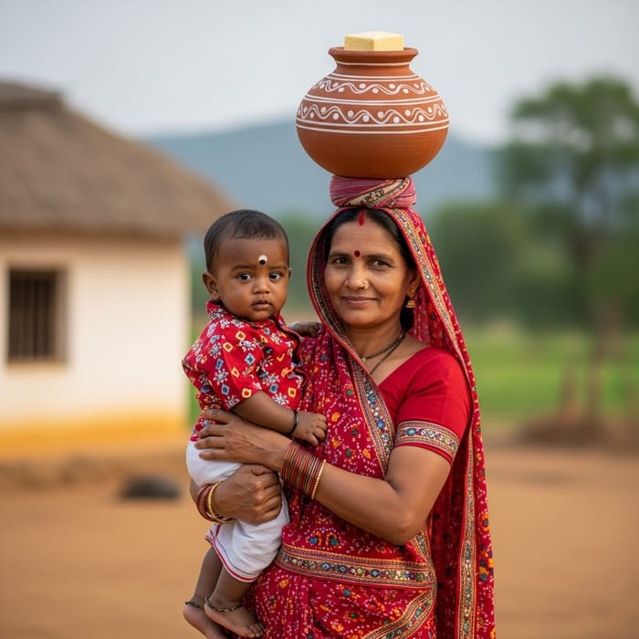 Krishna and Yashoda: Nurturing Maternal Love in Traditional South Asian Scene