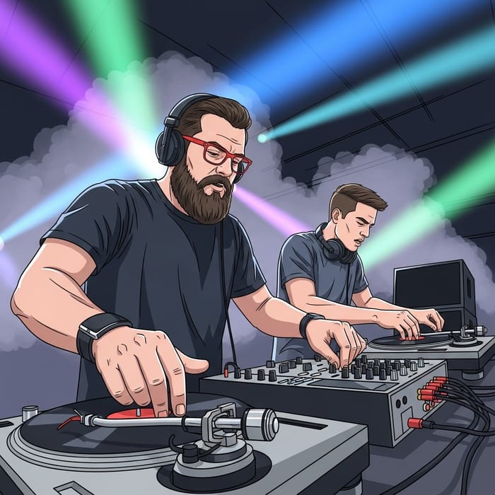 DJ with and without beard on turntables - Music mix