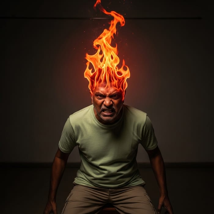 Angry Person with Fire on Head: Intense Scene