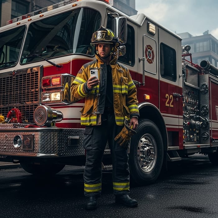 Male Firefighter in Sturdy Firefighting Gear with iPhone 12 Male Firefighter in Sturdy Firefighting Gear with iPhone 12