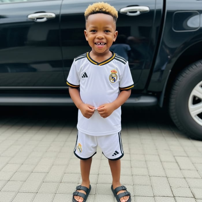 Smiling 5-Year-Old South African Boy with Unique Hairstyle in Real Madrid Shirt