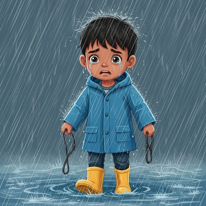 Heartbreaking Scene: Young South Asian Boy Searching for Lost Dog in Rain