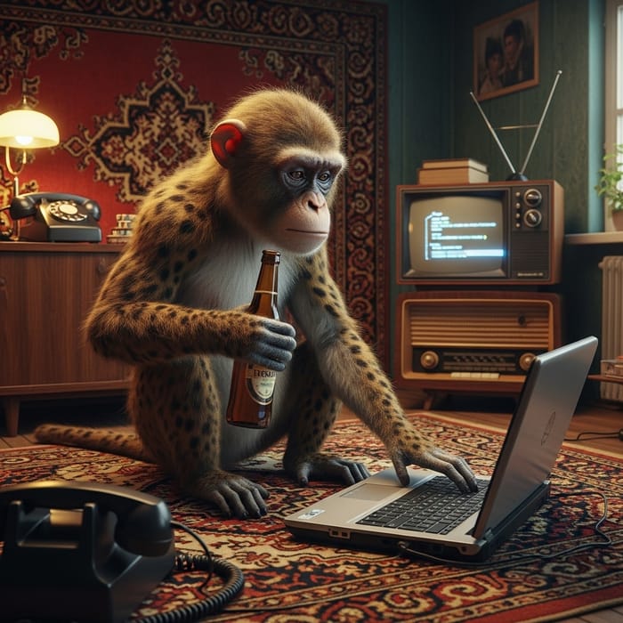 8K Hyper-Realistic Image: Spotted Monkey Programming in Soviet-Style Apartment 8K Hyper-Realistic Image: Spotted Monkey Programming in Soviet-Style Apartment