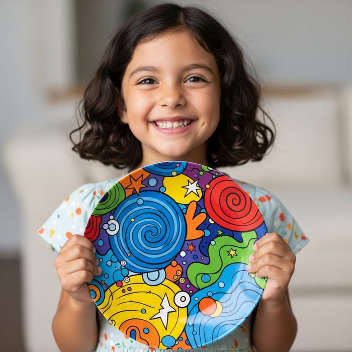 Smiling Hispanic Girl with Colorful Plate - Abstract Cartoon Style | Pixar Inspired Smiling Hispanic Girl with Colorful Plate - Abstract Cartoon Style | Pixar Inspired