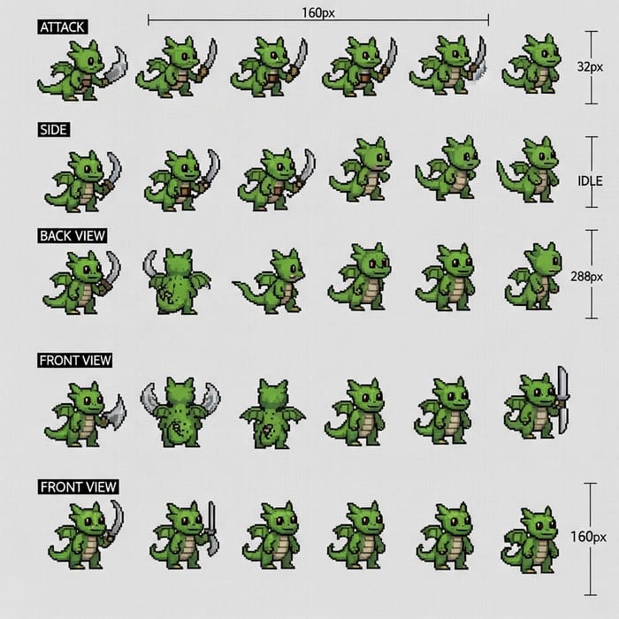 Pixel Art Sprite Sheet for Green Tiny Dragon - D&D-Style Character Design