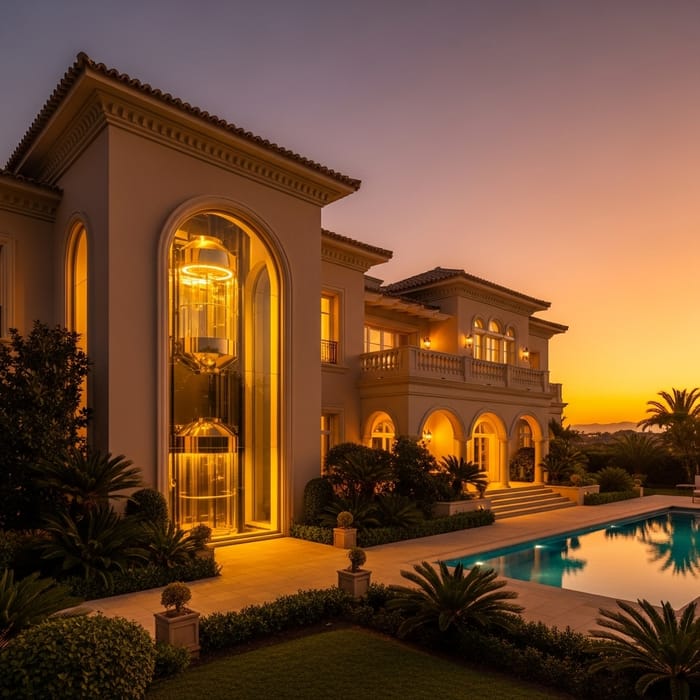 Luxurious Villa with Elevator in Golden Glow
