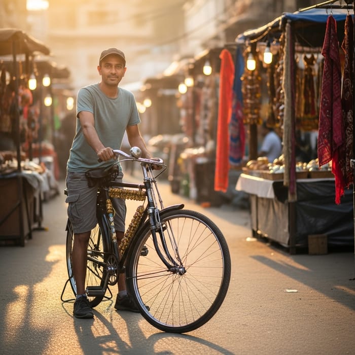 Indian Man Cycling through Urban Streets Indian Man Cycling through Urban Streets