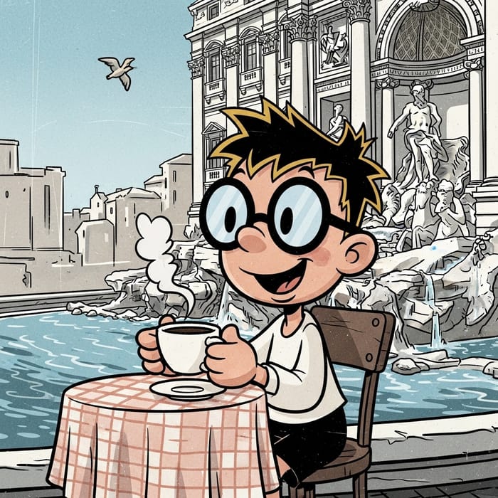 Cheerful Boy Enjoys Coffee at Trevi Fountain