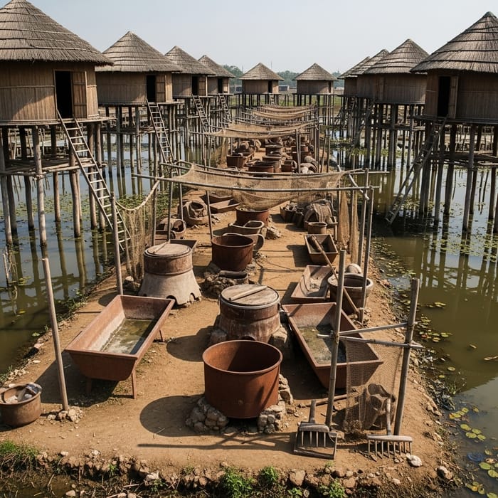 Eerie Rural Scene: Round Houses on Stilts and Dry Nets