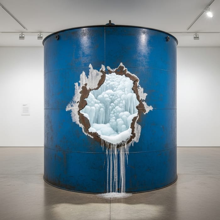 Frozen Blue Storage Tank Displayed in Gallery