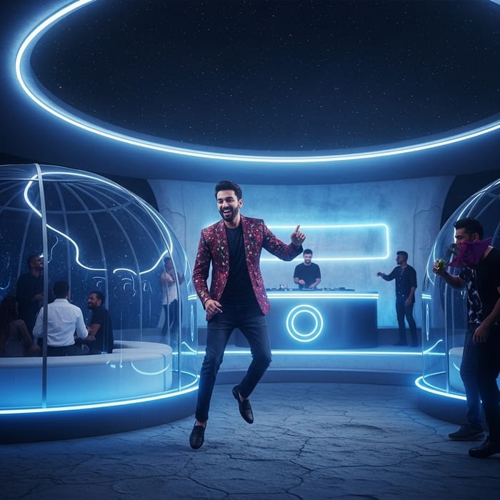 Man Partying on Moon in Futuristic Galactic Club Man Partying on Moon in Futuristic Galactic Club