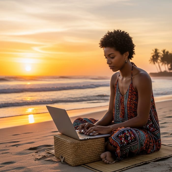 Beautiful Young Woman Creating Content on Laptop at Beach