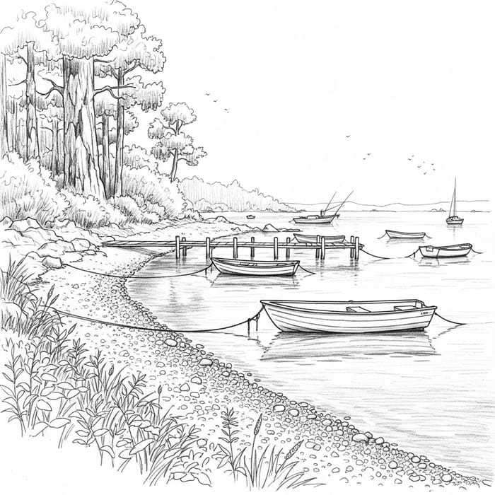 Tranquil Fishing Shore: Serene Scene in Pencil Sketch Tranquil Fishing Shore: Serene Scene in Pencil Sketch