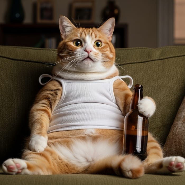 Amazed Fat Cat on Sofa Watching TV with Bottle in Hand
