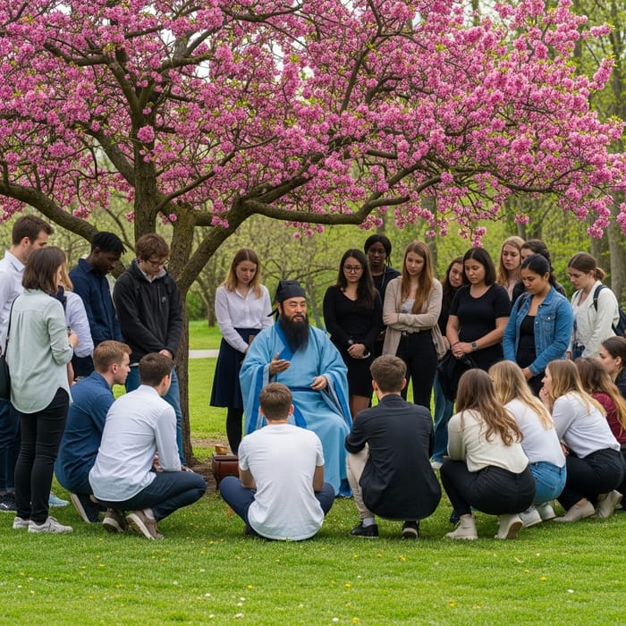 Confucius Teaching Group of Students under Blossoming Tree